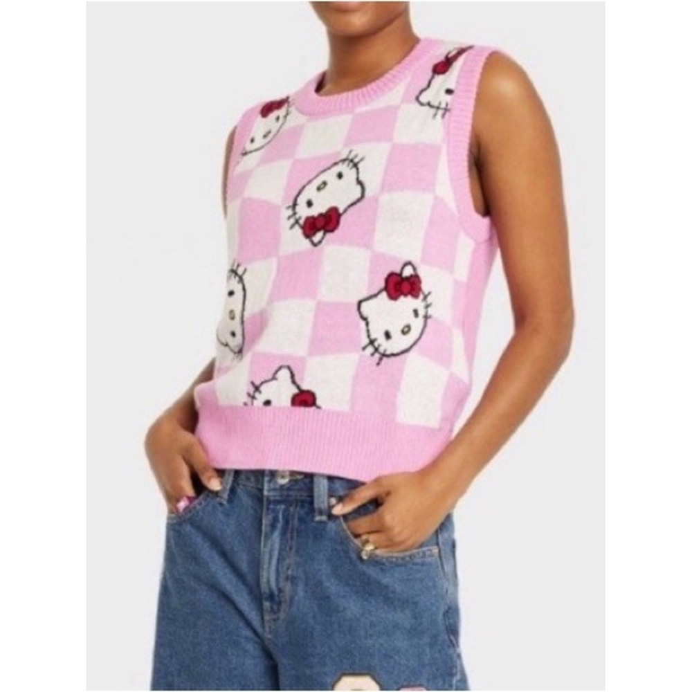 Hello‎ Kitty Pink Checkerboard  Cropped sweater Knit Vest size XL